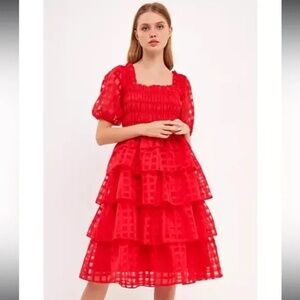 English Factory Check Organza Tiered Midi Dress Red S